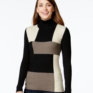 Style & Co Colorblock Turtleneck Sweater - Black, Cream, and Brown